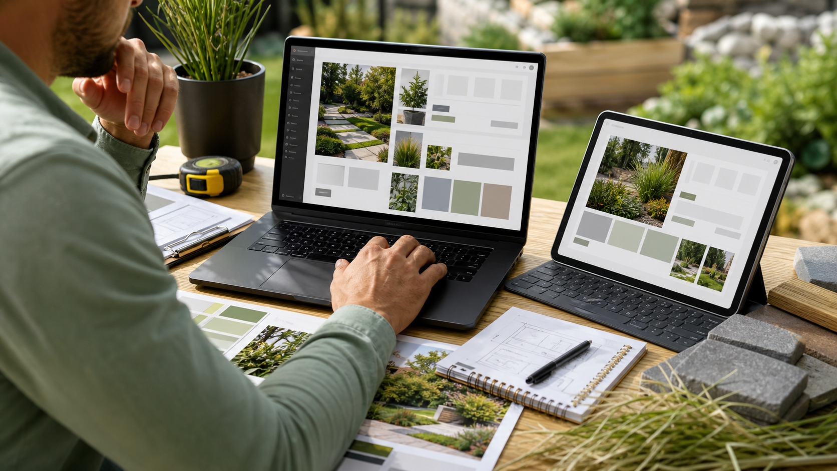 Landscaping business website builder workspace with laptop, tablet, project photos, and hardscape samples.