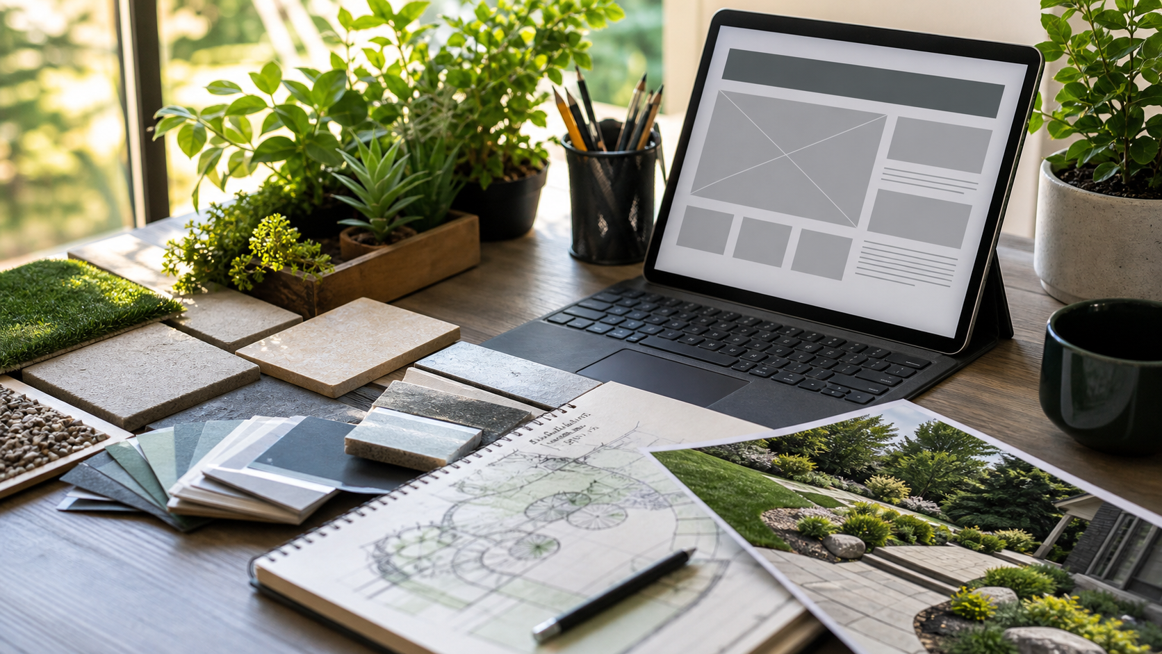 Landscaping website wireframe on a tablet beside plants, stone samples, and project planning notes.