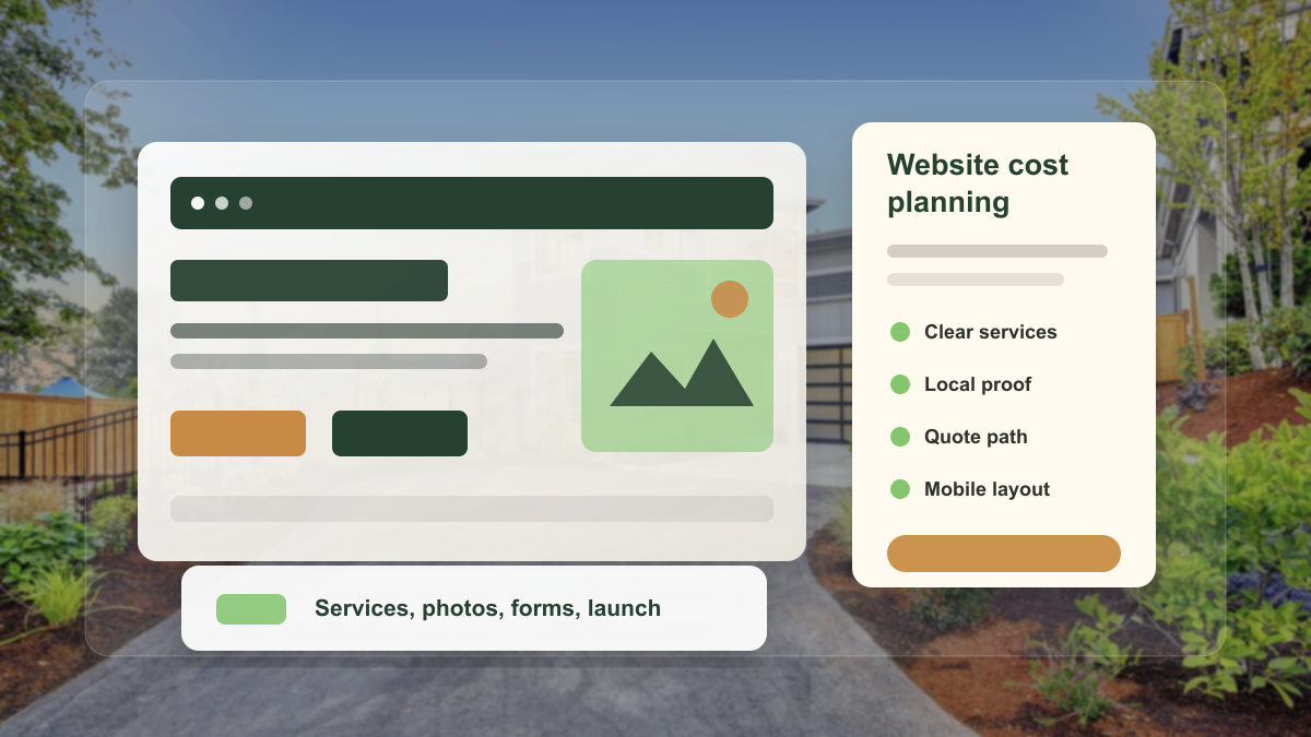 Landscaping website cost planning board with service sections, quote forms, and project-photo notes.