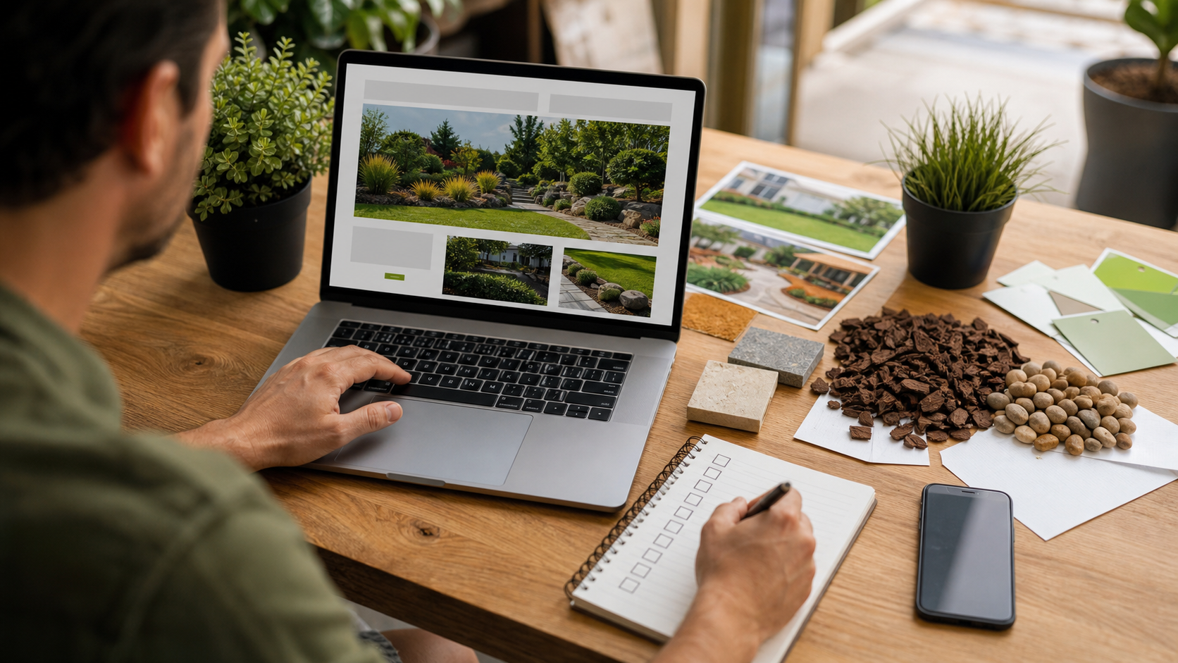 Landscaping website planning desk with project photos, plant samples, and a website layout on a laptop.