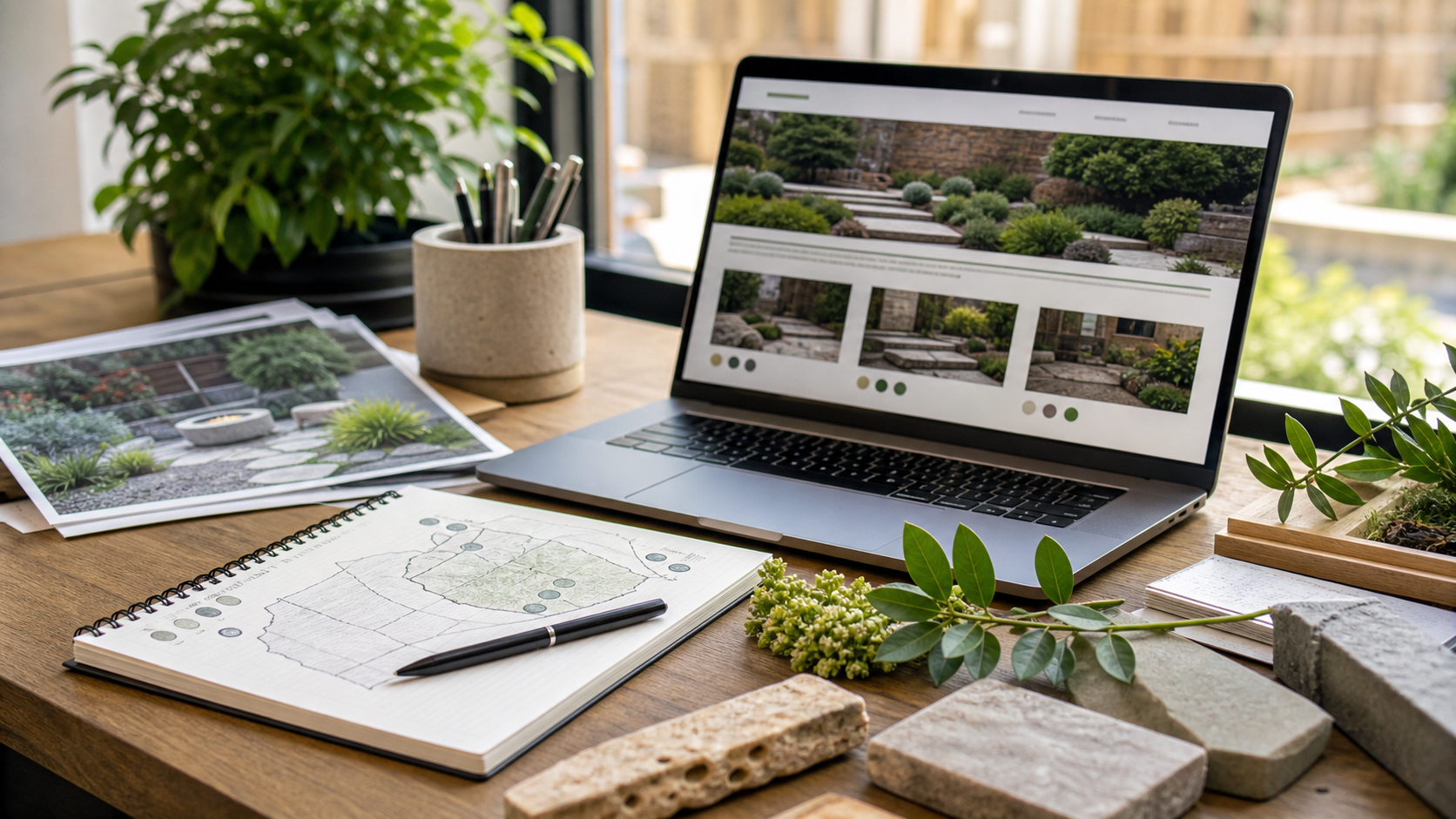 Landscaping website examples planning desk with project photos, laptop layout, plant cuttings, stone samples, and service-area notes.