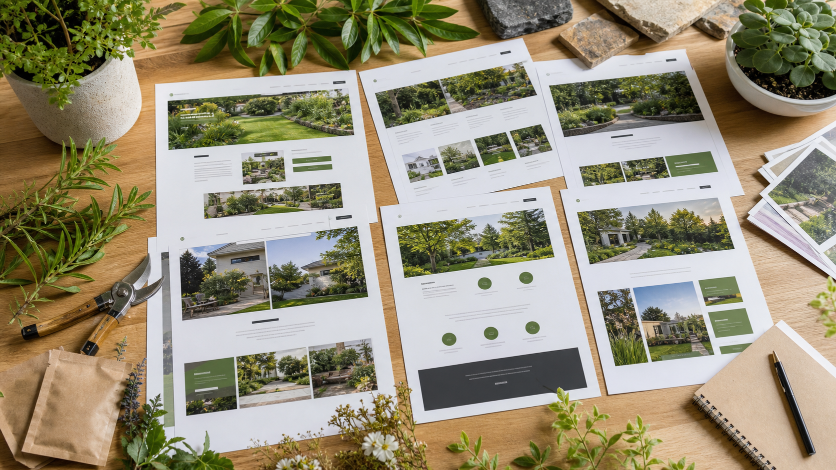 Printed landscaping website template layouts arranged with plants, tools, and outdoor project photos.