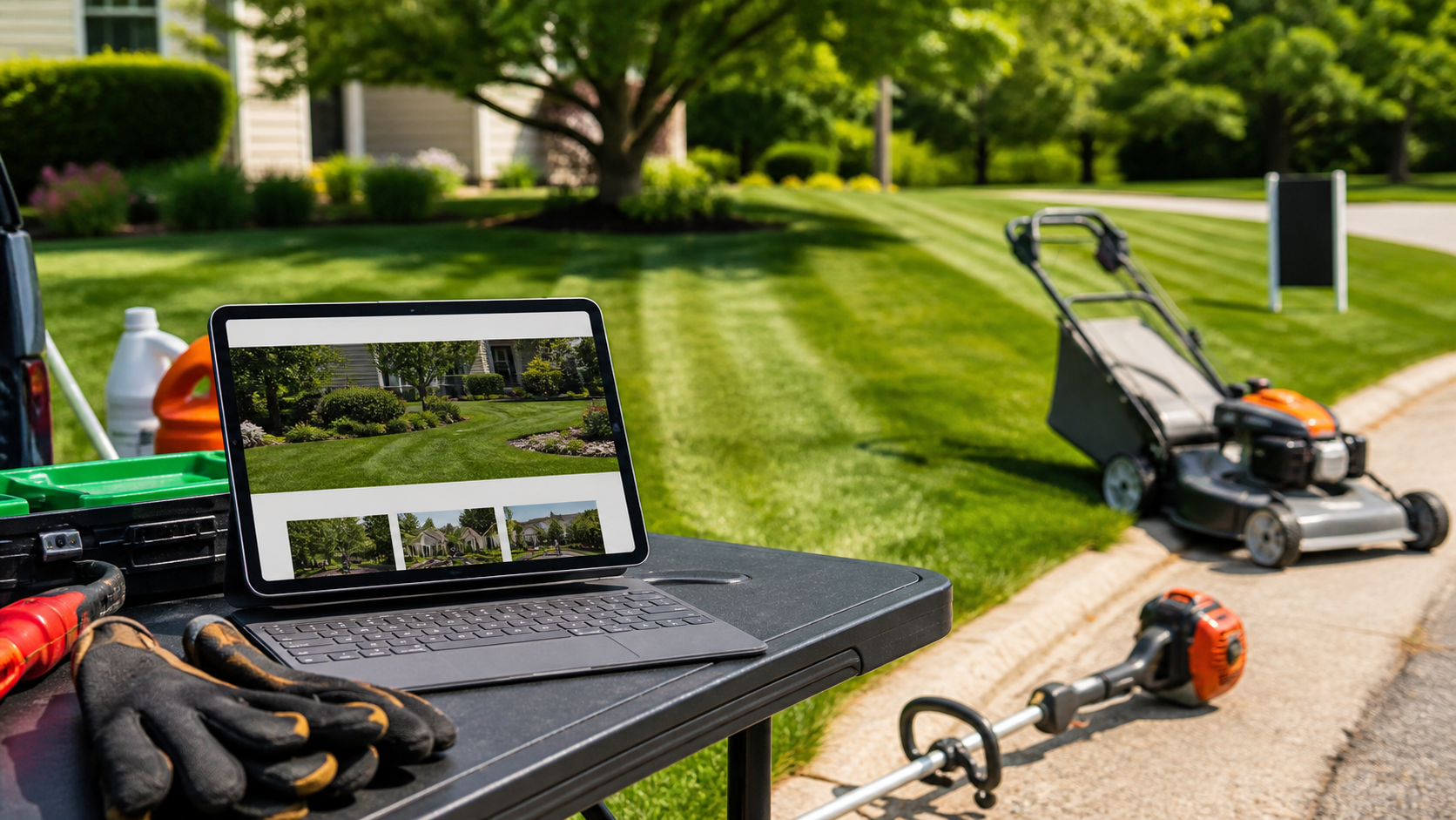 Lawn care website preview on a tablet beside mowing equipment and a freshly cut lawn.