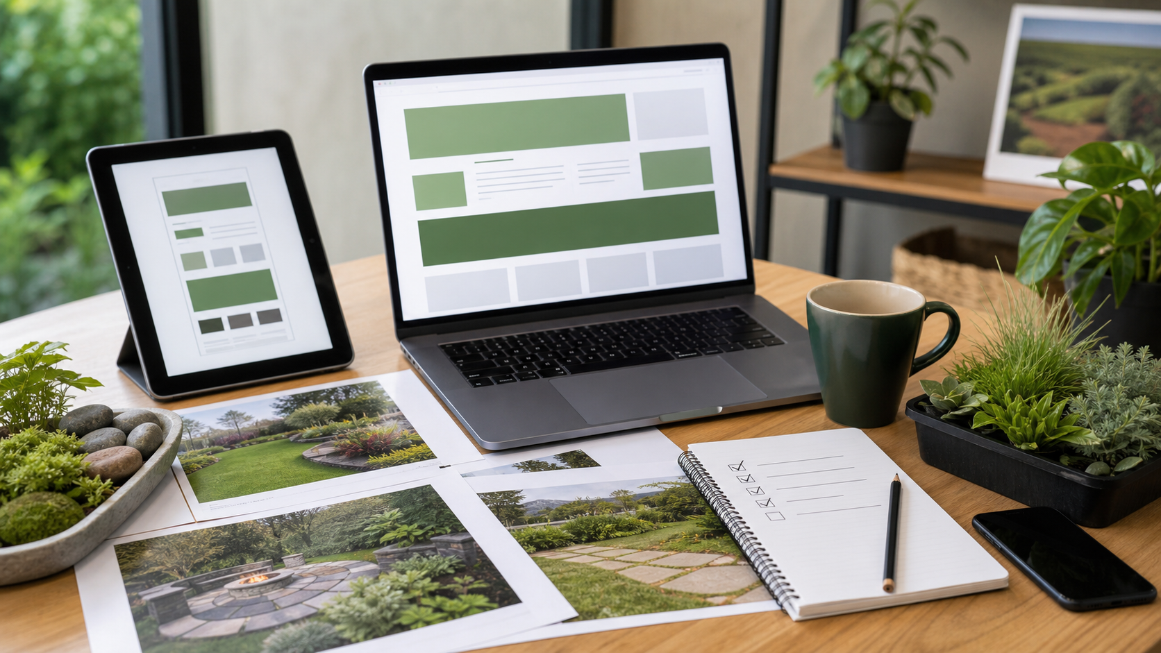 Landscaping website planning desk with laptop layout, tablet wireframe, project photos, plants, and checklist notes.