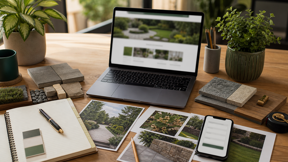 Landscaping website planning layout with project photos, service cards, and website sections for a Wix template review.