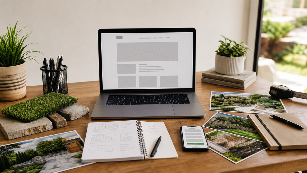 Landscaping website planning desk with laptop wireframe, project photos, plant samples, stone pavers, phone estimate form, and service notes.